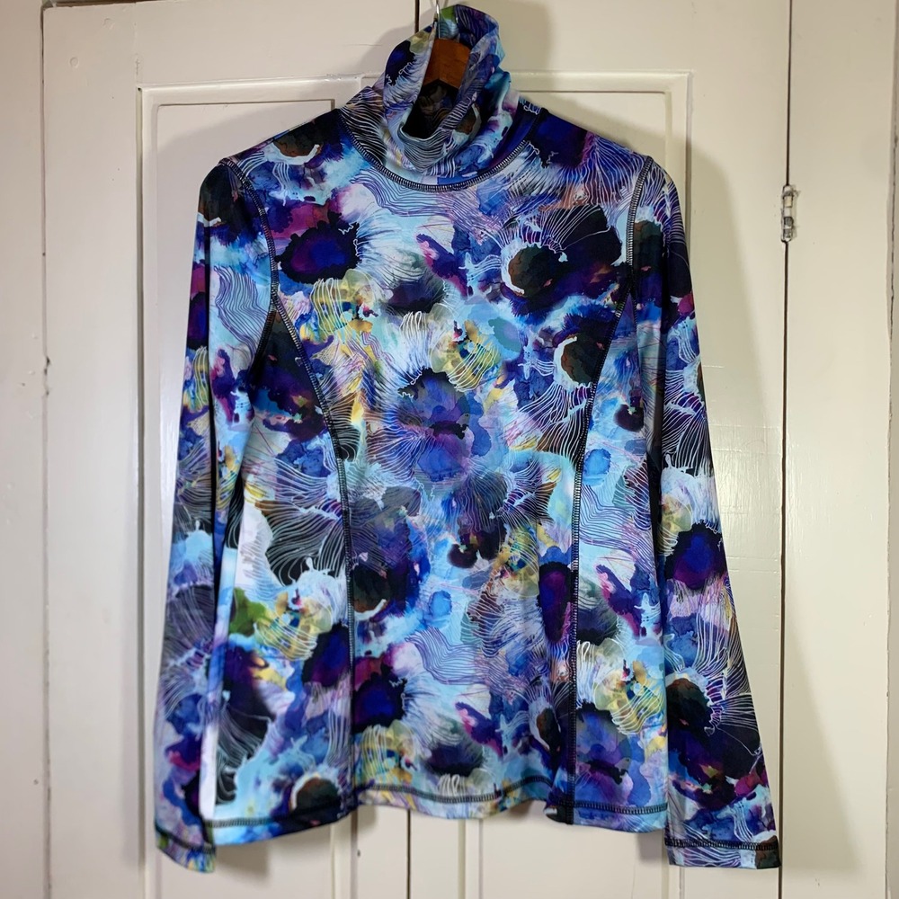 SnoSkins Women Blue Purple Abstract Floral Watercolor Turtleneck Top Large USA